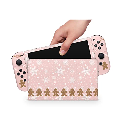 ZOOMHITSKINS OLED Switch Skin Pink, Compatible with Nintendo Switch OLED Skin Wrap, Snow Snowflakes Pink Christmas Winter Cute Gingerbread, 3M Vinyl for Durable & Fit, Made in The USA