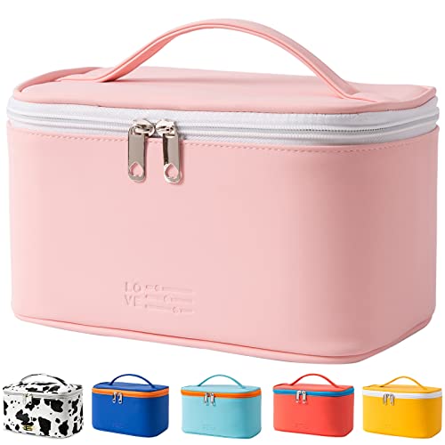 Makeup Bag Portable Travel Cosmetic Bag for Women, Beauty Zipper Makeup Organizer PU Leather Washable Waterproof (Pink)