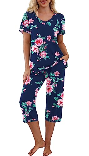 PrinStory Women's Pajama Set Short Sleeve Shirt and Capri Pants Sleepwear Pjs Sets with Pockets FP-Navy Blue-Large