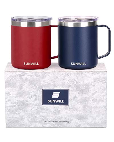 SUNWILL 14 oz Coffee Mug Set, Vacuum Insulated Camping Mug with Lid, Double Wall Stainless Steel Travel Tumbler, Coffee Cup Outdoor, Powder Coated Navy Blue & Wine Red 2 Pack