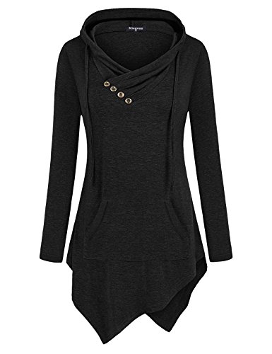 Miagooo Long Hoodie for Women, V Neck Ribbed Asymmetrical Hem Office Tee(Black,Small)