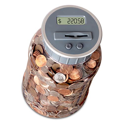 M&R Digital Counting Coin Bank. Batteries Included! Personal Coin Counter/Money Clear jar, Silver Top totals up Your Savings- Works with All U.S. Coins-in Retail Packaging.