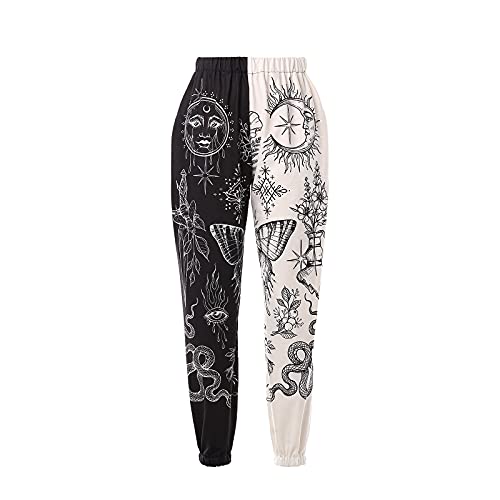 Amuver Women's Boho Hippie Harem Pants High Smocked Waist Printed Patchwork Sweatpants Yoga 90S Goth Baggy Casual Trousers White/Black