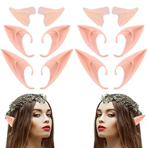 HKFUON Fairy Pixie Elf Ears Cosplay Latex Soft Pointy Ear Tips, Small & Short & Long Elven Vampire Fake Ear for Women Kids Halloween Christmas Party Dress Up Costume Masquerade Accessories (6 pairs)