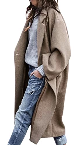 CHARTOU Women's Oversized Notched Collar Wool Blend Single Breast Midi Long Trench Coat (Medium, Khaki)