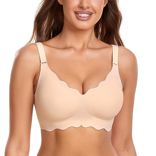 Gailife Scalloped Bras for Women No Underwire Wireless Bralettes for Women with Support Adjustable Cross Back Seamless Bra -ND,L Nude