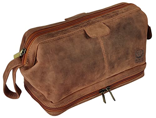 RUSTIC TOWN Genuine Leather Travel Cosmetic Bag - Hygiene Organizer Dopp Kit (Brown)