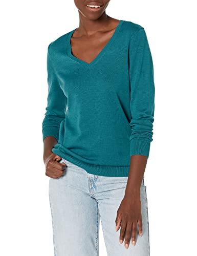 Amazon Essentials Women's Classic-Fit Lightweight Long-Sleeve V-Neck Sweater (Available in Plus Size), Teal Blue Heather, Large
