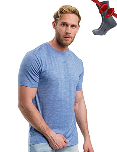 Merino.tech Merino Wool T-Shirt Mens - 100% Organic Merino Wool Undershirt Lightweight Base Layer + Hiking Wool Socks (Deep Blue, Medium)