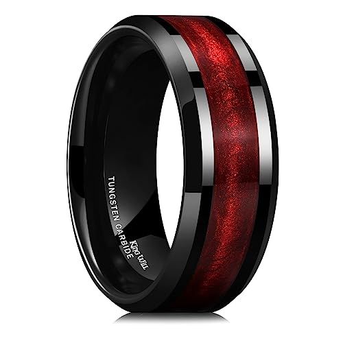 King Will Tungsten Carbide Wedding Band for Men - 8mm Black High Polished Inlay Red Sand for Everyday Wear Comfort Fit 10
