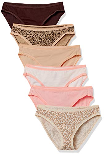 Amazon Essentials Women's Cotton Bikini Brief Underwear (Available in Plus Size), Pack of 6, Multicolor/Animal Print/Leopard/Stripe, Large
