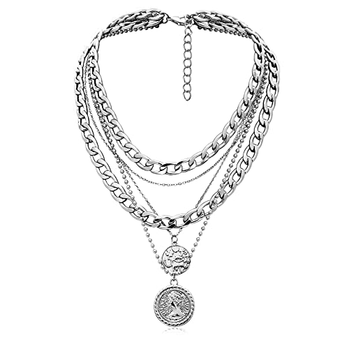 MJartoria Gold Layered Necklaces for Women Trendy Retro Coin Pendant Necklace Dainty Chunky Chain Choker Necklaces for Girls Jewelry Birthday Gifts (Silver, A-Retro Coin-5 in 1 Layered)