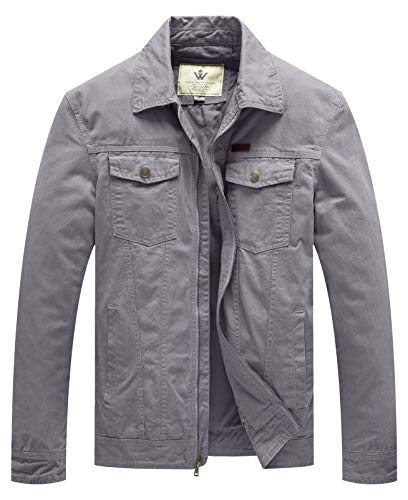 WenVen Men's Casual Canvas Jacket Cotton Military Jacket (Light Grey,L)