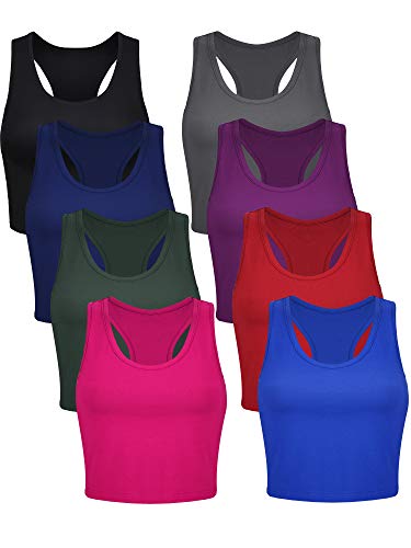 8 Pcs Women Basic Crop Tank Tops Sleeveless Racerback Crop Cotton Top (Green, Black, Gray, Navy, Red, Blue, Purple, L)