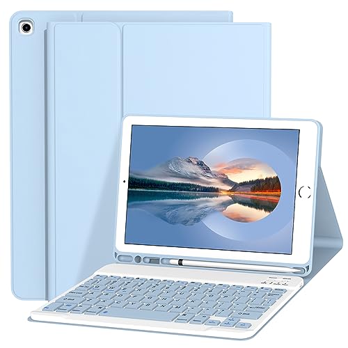 Divufus Keyboard Case for iPad 9.7 Inch 2018/2017 6th/5th Generation, Air 2/1 [Magnetic Detachable Wireless Keyboard][Support 3 System] Flip Stand Case with Pencil Holder for iPad 9.7, Light Blue