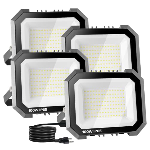 Leddictive 4 Pack LED Flood Lights Outdoor, 100W 10000LM Super Bright Floodlight Outside Work Light with 5.9FT Plug, IP65 Waterproof 6000K Outdoor LED Flood Light for Garage, Yard, Lawn, Garden