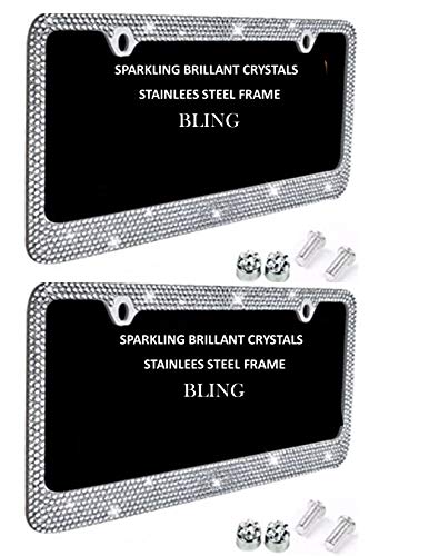 APSG License Plate Frames 2 Pack Glitter White Crystal Rhinestone on Stainless Steel Chrome Plate Holder with Shiny Diamond Bling Front + Rear