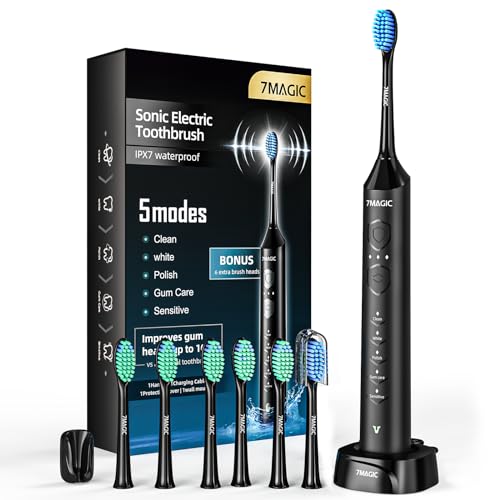 Electric Toothbrush for Adults, Sonic Toothbrush with 3 Intensity Levels & 5 Modes, One Charge for 60 Days, Rechargeable Electric Toothbrush with 6 Toothbrush Heads & 40,000 VPM Deep Clean(Black)