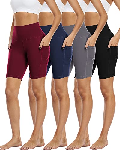Zonoss 4 Pack Biker Shorts with Pockets for Women High Waist,Womens Athletic Workout Shorts for Summer,Black,Dark Gray,Navy,Burgundy,L