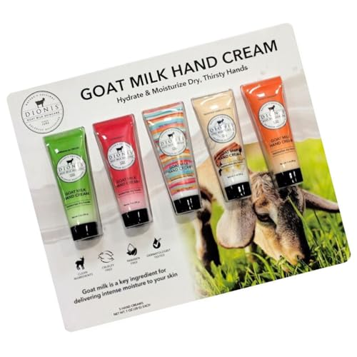 Dionis Goat Milk Skincare - 5 Pack of 1 oz Hand Creams (Creamy Coconut & Oats, Peppermint Twist, Sea Treasures, Sugarberry, Vanilla Bean)