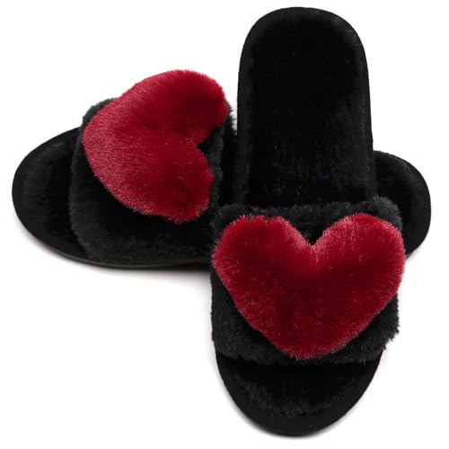 CRAZY LADY Women's Fuzzy LOVE House Slippers Soft Plush Furry Fur Open Toe Cozy Winter Warm Comfy Slip On S&als Indoor Outdoor Slippers for Women & Girls with Memory Foam (01/Wine Red, 7.5 8.5)