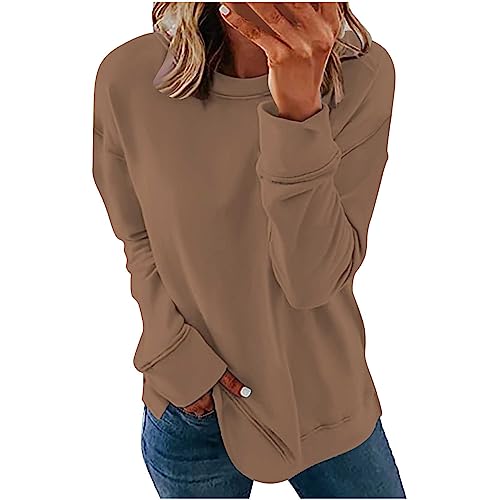 Ceboyel Womens Long Sleeve Shirts 2023 Solid Color Crew Neck Sweatshirts Loose Fit Pullover Tops Trendy Casual Fall Clothes Womens Hoodies Khaki M