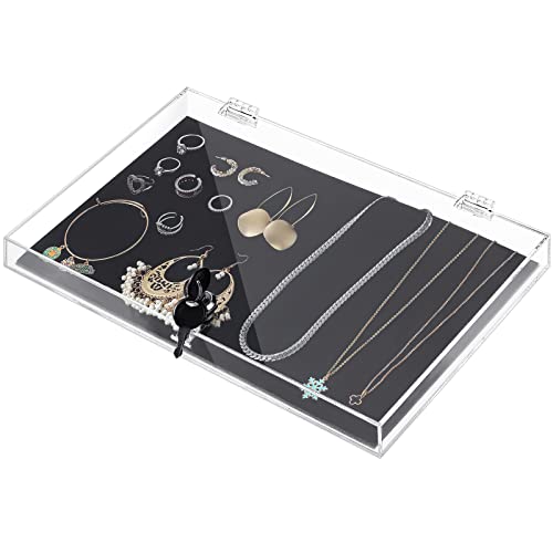 Weysat Acrylic Locking Display Case for Jewelry, Clear Rectangular Display Box Security Showcase Safe Box with Lock and Key Black Padding for Jewelry Selling Collector Watches Knives