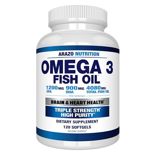 Arazo Nutrition Wild Caught Omega 3 Fish Oil – 120 Soft Gels – 4,080mg High EPA 1200mg DHA 900mg Lemon Flavor Burpless Softgels