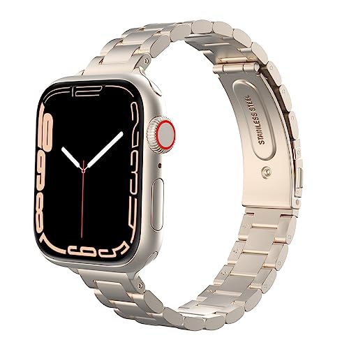 MoKo Thin Band Compatible with Apple Watch 38mm 40mm 41mm, Slim Stainless Steel Wristband Metal Replacement Adjustable Strap for iWatch SE SE2 Series 9 8 7 6 5 4 3 2 1, Starlight