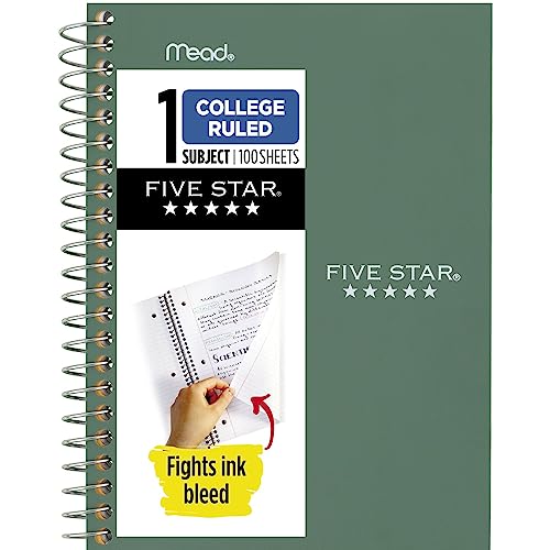 Five Star Personal Spiral Notebook, 1 Subject, College Ruled Paper, 7' x 4-3/8', Small Size, 100 Sheets, Seaglass Green (450022CH1)