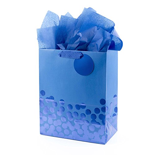 Hallmark 13' Large Gift Bag with Tissue Paper (Blue Foil Dots) for Hanukkah, Christmas, Birthdays, Fathers Day, Graduations, and Baby Showers