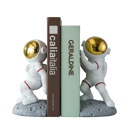 Banllis Space Theme Bookends for Shelves, Astronaut Moon Book Ends for Kids Room, Decorative Planet Book Stoppers to Hold Books Heavy Duty, Unique Boys and Girls Gift (Grey)