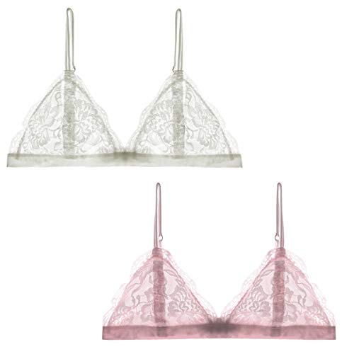 EMY Lace Bralette 2 Pack with Extenders Thin Adjustable Strap Unpadded Sexy Cute Triangle Bralette Lace Bra for Women (PW,L) White, Pink