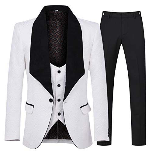 YFFUSHI Men's 3 Piece Suit Slim Fit Jacquard Tuxedo One Button Shawl Collar Jacket Vest & Trousers White