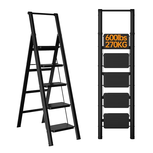 JOISCOPE 5 Step Ladder,Folding Step Stools for Adults with Wide Anti-Slip Pedal, 600lbs Lightweight Sturdy Steel Ladder,Convenient Handgrip,Portable Folding Ladder for Home Kitchen Office,Black