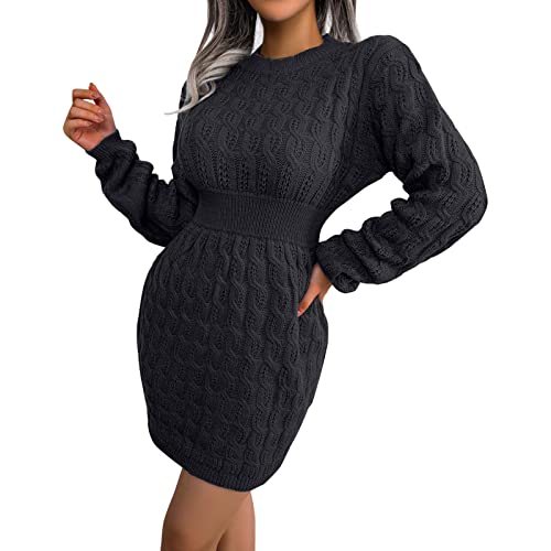 Womens Smockneck Puff Long Sleeve Bodycon Pullover Cute Mini Sweater Dress Casual Fall Dresses (Black-k, L)