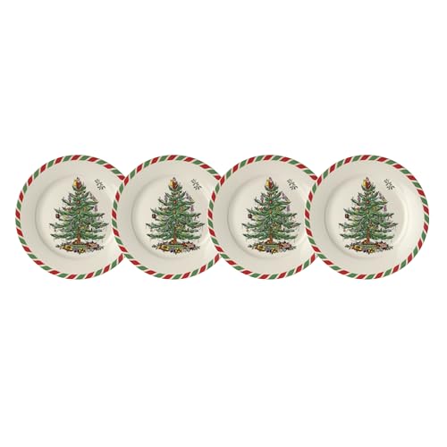 Spode Christmas Tree Collection Appetizer Plates, set of 4, Candy Cane Border, Use for Dessert, Appetizers, or Salad, Measures at 8-Inches, Dishwasher and Microwave Safe