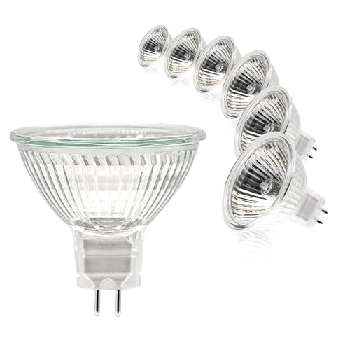 Jaenmsa MR16 Halogen Light Bulbs,6 Pack 12V 50W MR16 Halogen Bulbs 2 Pin GU5.3 Base Dimmable with Clear Glass Cover,High Output 2700K Warm White MR16 Light Bulb for Landscape Lights, Track Lights