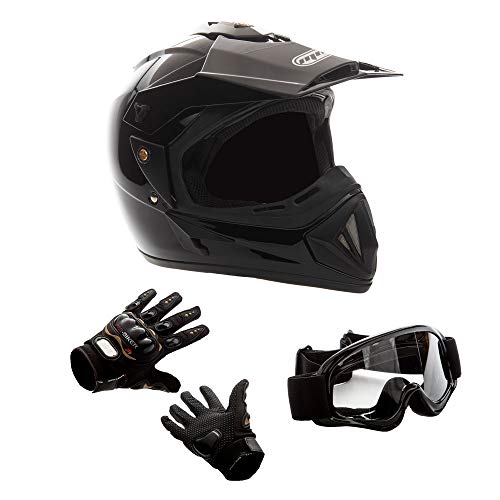 MMG 30 Combo Adult Motorcycle Off Road Helmet DOT, MX ATV Dirt Bike Motocross UTV, Large, Shiny Black with Riding Gloves and Goggles