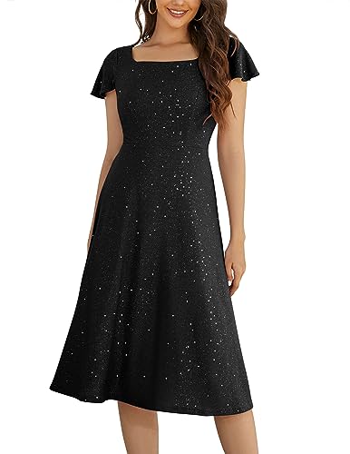 BeryLove Homecoming Dresses for Teens Sequin Dress Square Neck Midi Cocktail Party Formal Dress Flutter Short Sleeve Stretchy Bridesmaid Prom Dresses S005 Black L