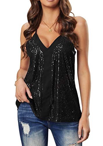 lime flare Women Sexy V Neck Sparkle Shimmer Cami Tank Tops Dressy Sequin Tee Shirt Camisole (XX-Large,D# Black Sequin)