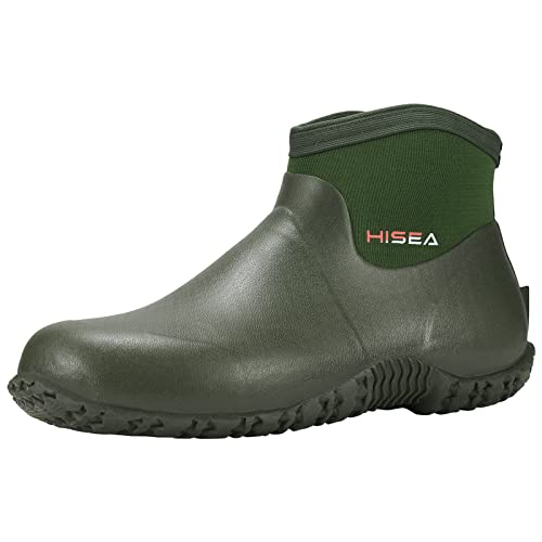 HISEA Men's Rain Boots, Ankle Height Garden Shoes Waterproof Rubber Neoprene Mud Boots Durable Insulated Short Outdoor Work Booties for Gardening Farming Camping Fishing and Yard Working, Size 9 Green