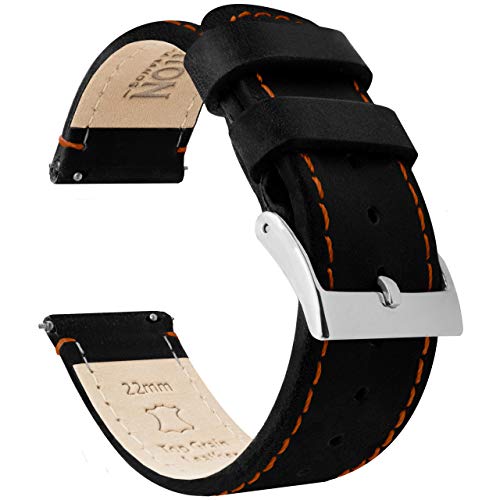 BARTON WATCH BANDS Quick Release Top Grain Leather Watch Band Strap, Black Leather/Orange Stitching, 22mm