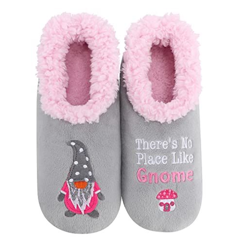 Snoozies Pairable Slipper Socks – House Slippers for Women, Fuzzy Slipper Socks with Unique Designs, Non Slip Socks - There's No Place Like Gnome - Medium