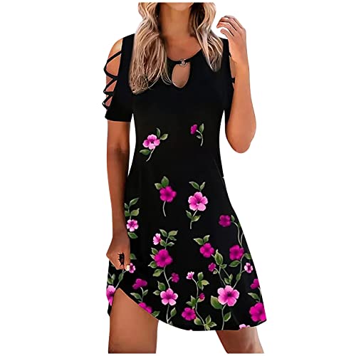 WKSCLPAI Womens Casual Cold Shoulder Dress Summer Trendy Sexy Hollow Keyhole Neck Dress Floral Print Cute Mini A Line Dresses