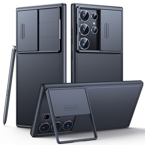 TAURI Kickstand for Samsung Galaxy S24 Ultra Case with Camera Cover, [Rugged Drop Protection] [Slide Camera Cover], Protective Hard Back Soft Edge Phone Case for Galaxy S24 Ultra Case-Black