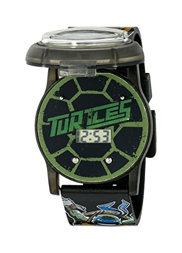 Nickelodeon Accutime Ninja Turtles Kids' Digital Watch with Pop Open Top/Casing, Flashing LED Lights, Black Strap - Official TMNT Characters on The Top, Safe for Children - Model: TMN4205