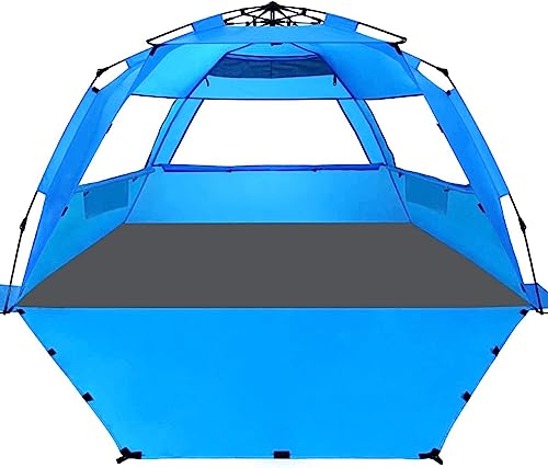 WhiteFang Deluxe XL Pop Up Beach Tent Sun Shade Shelter for 3-4 Person, UV Protection, Extendable Floor with 3 Ventilating Windows Plus Carrying Bag, Stakes, and Guy Lines (Solid Blue)