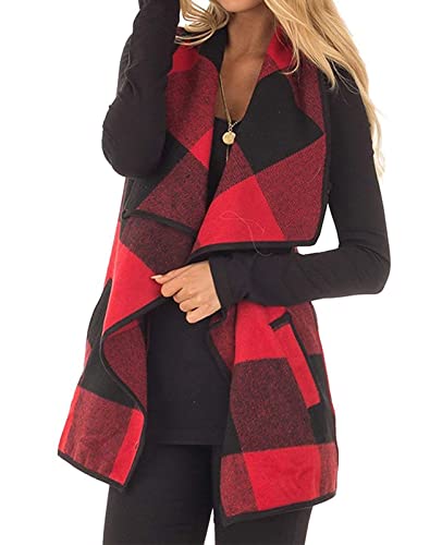 Women's Casual Lapel Vest Open Front Sleeveless Plaid Cardigan Coat with Pockets…