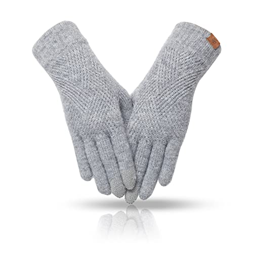 REACH STAR Winter gloves for women, 3-Finger Touch Screen Dual-Layer Cashmere Elastic Cashmere Lining Knit Gloves, Warm Gloves Cold weather,Running,Driving(light gray)